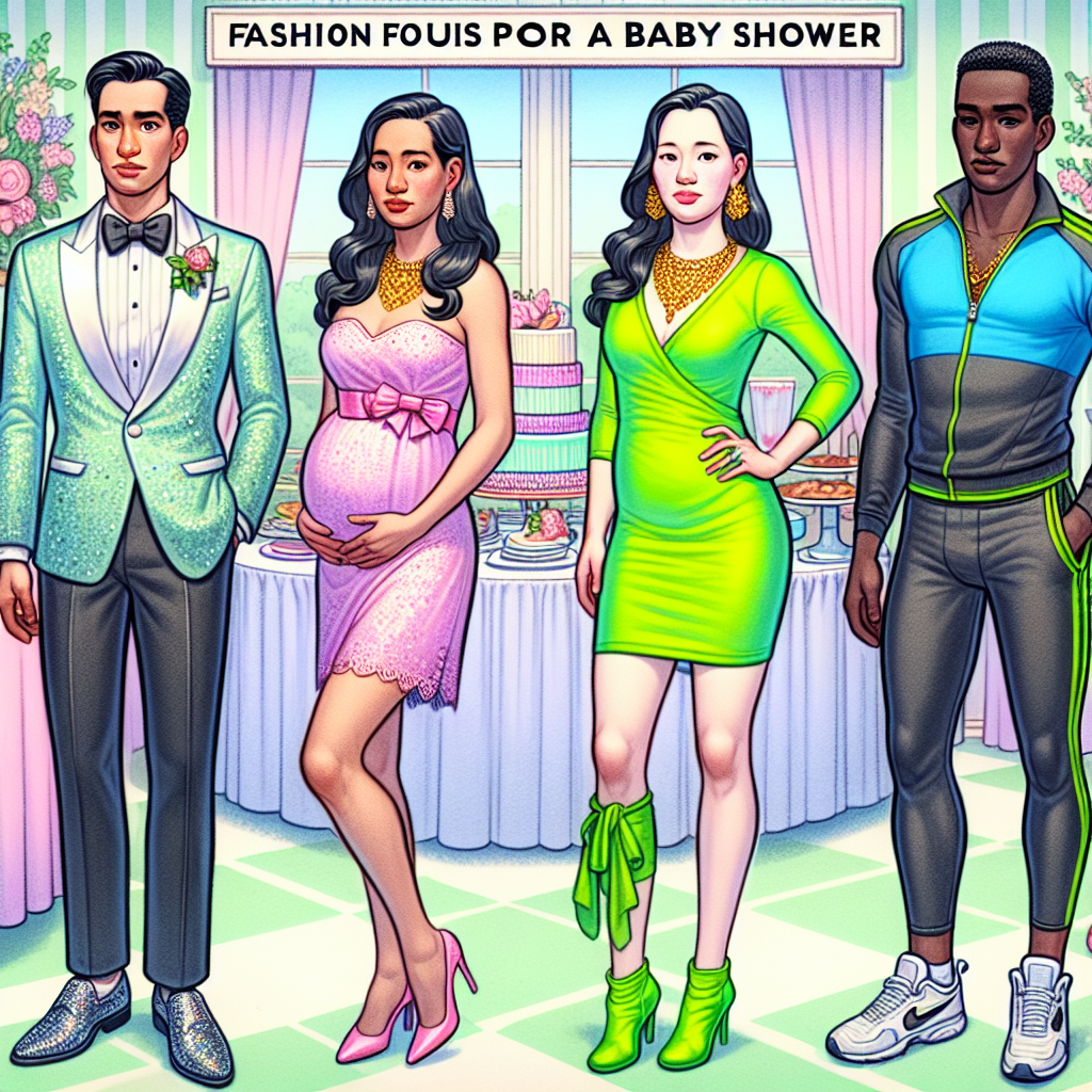 Must-Have Styles: What NOT to Wear to a Baby Shower Envision a visually engaging and detailed scenario depicting several fashion faux pas for a baby shower. The first individual, a Hispanic man, is wearing a fancy tuxedo with shiny shoes, which is overly formal for such a casual event. The second person, an East Asian woman, is dressed in a bright neon green dress, which is too striking for the soft, pastel-themed occasion. The third person, a Black man, has opted for wear athletic attire, which is inappropriate for the event. Add subtle humorous elements to the scene to maintain light-heartedness.