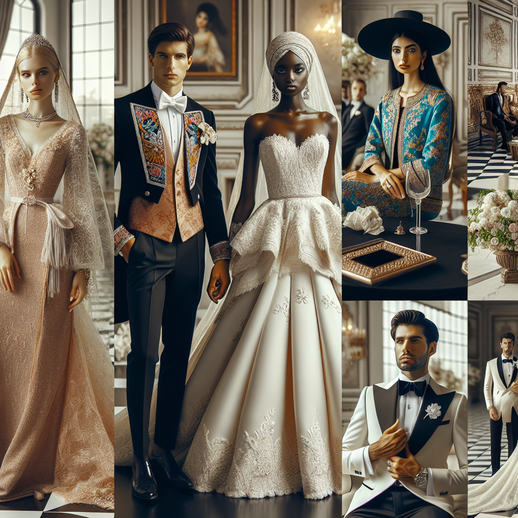An upscale formal wedding scene showcasing a range of stunning outfits. Include elements such as an elegantly dressed Caucasian bride in a white lace gown and veil, a South Asian groom donning traditional attire with vibrant colors and exquisite detailing, a Middle-Eastern bridesmaid in an effortless yet chic dress, a Hispanic best-man in a sharp tuxedo, a Black mother of the bride adorned in an elegant suit and hat. Additionally, incorporate small details of a luxurious, beautifully decorated wedding venue to set the background ambiance.