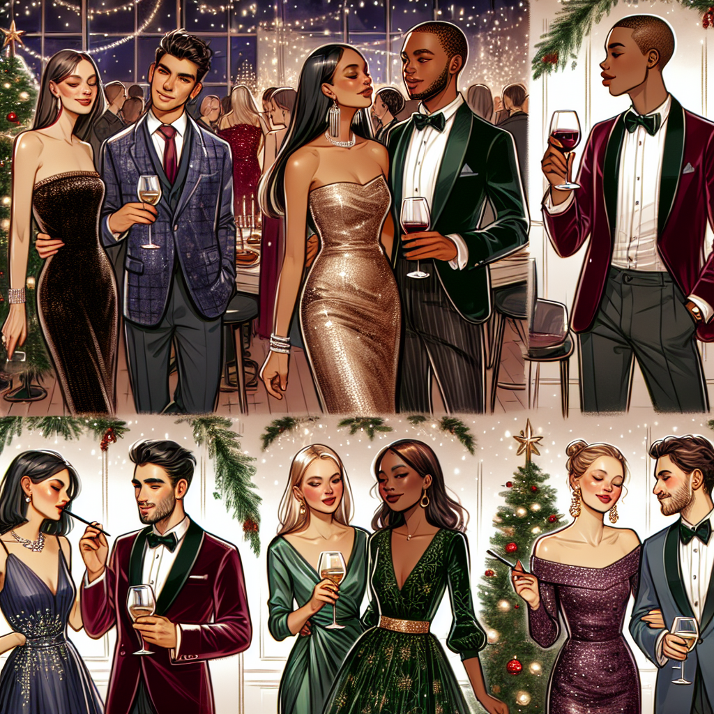 Stunning Christmas Party Outfits: Dress to Impress! Illustrate the scene of a festive and sophisticated Christmas party. Show different people showcasing their stunning Christmas party outfits. Include a Middle-Eastern woman in a luxurious velvet dress, shimmering with delicate sequins. Portray an African man, looking sophisticated in a silk burgundy suit. Show a White woman, donning an elegant green silk cocktail dress. Picture a South Asian man, flaunting a chic navy-blue blazer paired with black trousers. Lastly, portray an Hispanic woman, dressed in a sparkling, ornate gold dress. Have all these people chatting and laughing, sipping their wine, with the Christmas tree and fairy lights twinkling in the background.