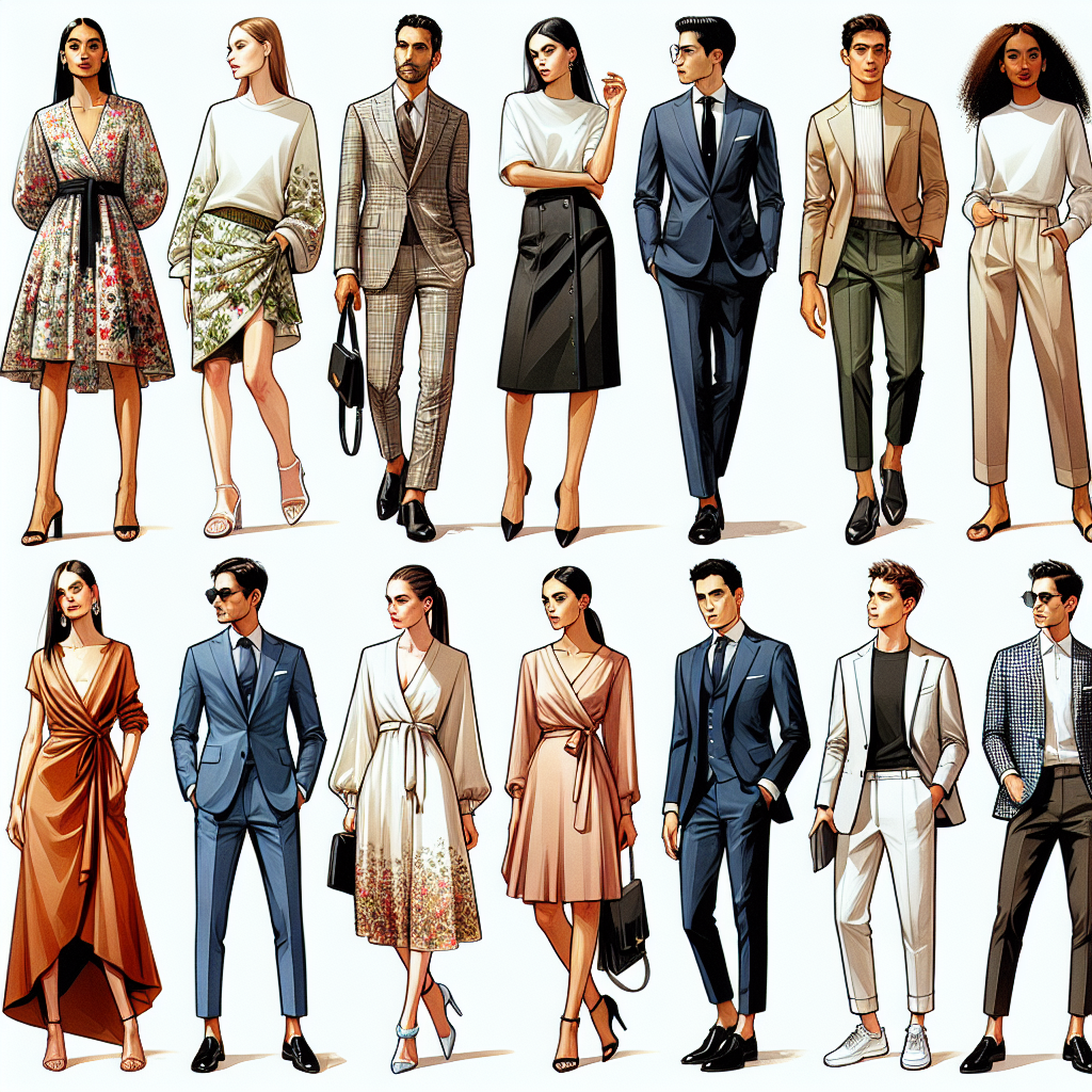 Stunning Outfits for Bat Mitzvah Guests: Effortless Chic A carefully curated image depicting a variety of stylish and elegant outfits suitable for attending a Bat Mitzvah. These outfits radiate effortless chic, featuring the tasteful combination of modern and traditional styles. Display a mix of gender and descents in the representation. For instance, a Caucasian woman dressed in a sophisticated floral shift dress, a Middle Eastern man in a sharply tailored suit, a Black woman in a classy silk blouse and midi skirt, a Hispanic man enhancing his style with a sleek blazer and chinos, a South Asian woman rocking a trendy jumpsuit, and a White man looking dapper in a sport coat and jeans.