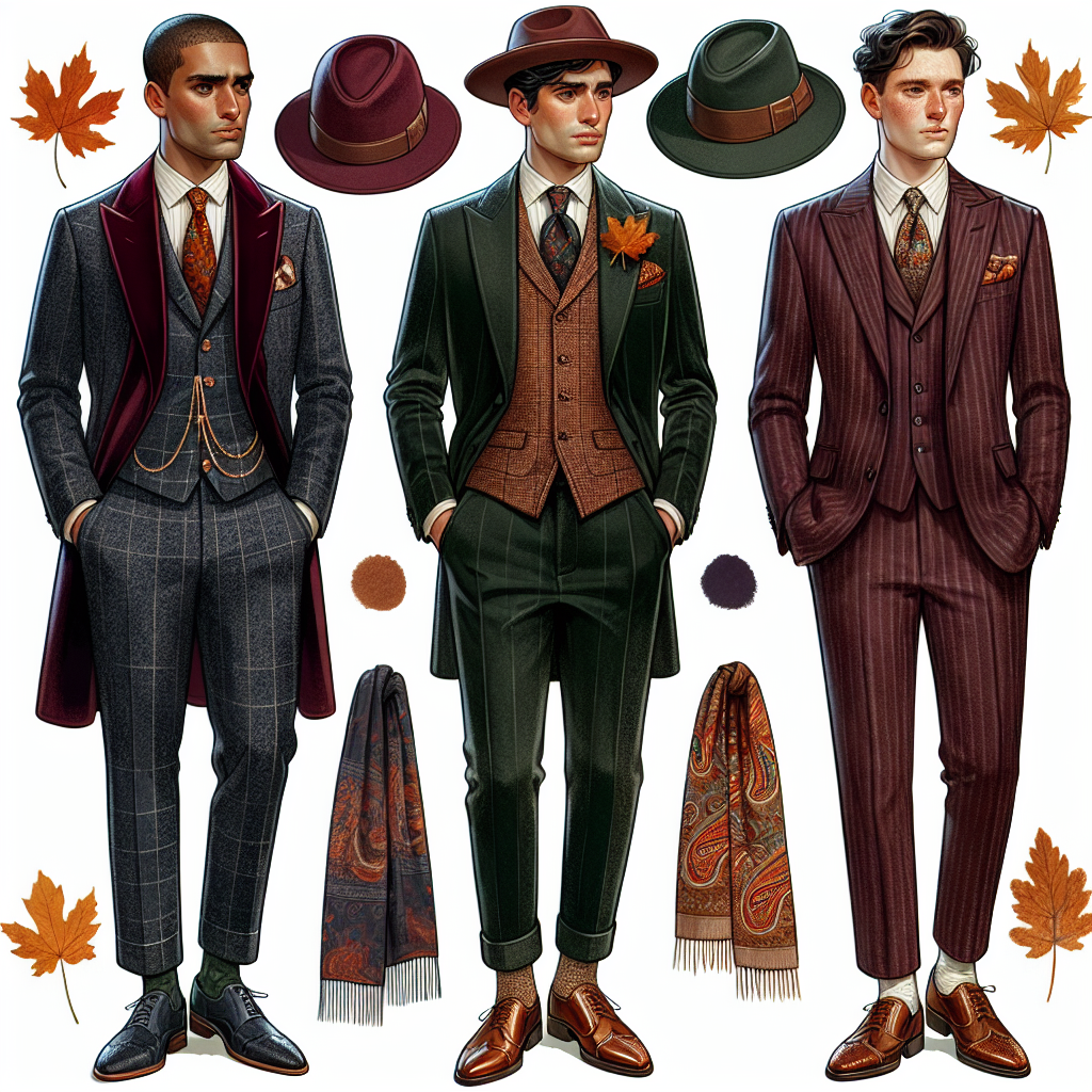 What to Wear to a Fall Wedding: Must-Have Male Styles! Create an illustrative guide for males attending a fall wedding. Show a Middle-Eastern man in a luxuriously tailored, velvet burgundy suit, paired with a checked waistcoat and an orange silk pocket square. Beside him, depict a Hispanic man attired in an elegant dark green tweed suit, a matching trilby hat, and a layered paisley print scarf. Lastly, portray a White male wearing a classic navy-blue pinstripe suit, a paisley tie, and walnut brown brogues. Accentuate the scene with autumn leaves around them, indicating the fall atmosphere.
