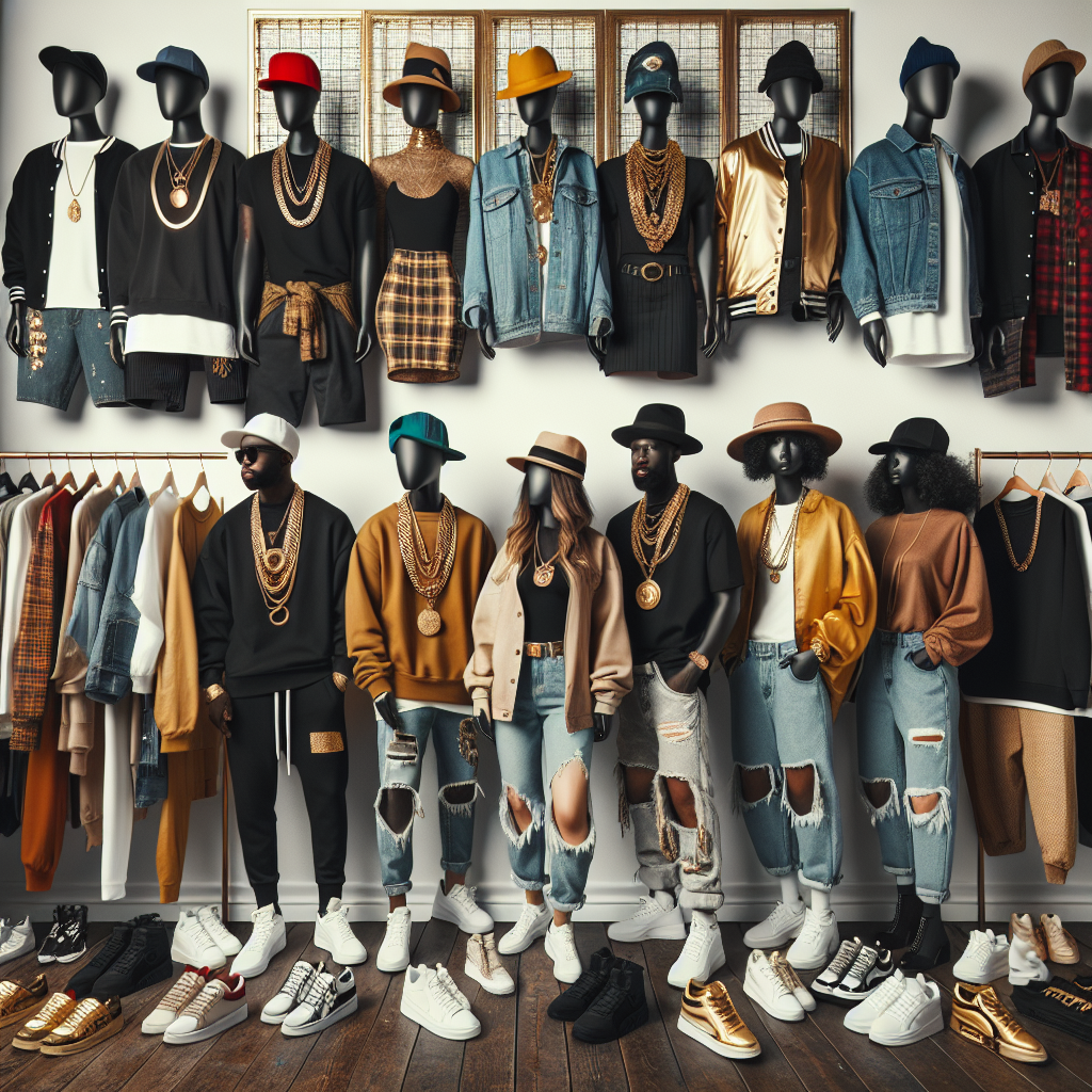 Stunning Outfits for Kendrick Lamar Concert: Find Yours Now! Explore a visually striking array of outfits suitable for a music concert. Imagine a scene with people from diverse descents such as Asian, Hispanic, Middle-Eastern men and Black, Caucasian, South Asian women. Each attire should reflect a facet of the vibrant music culture - hip-hop, street style, luxury fashion, and casual comfort. Capture them elegantly browsing through a pop-up wardrobe filled with iconic, hip-hop inspired items - chunky gold chains, stylish graphic tees, ripped denim, trendy hats, and designer sneakers.