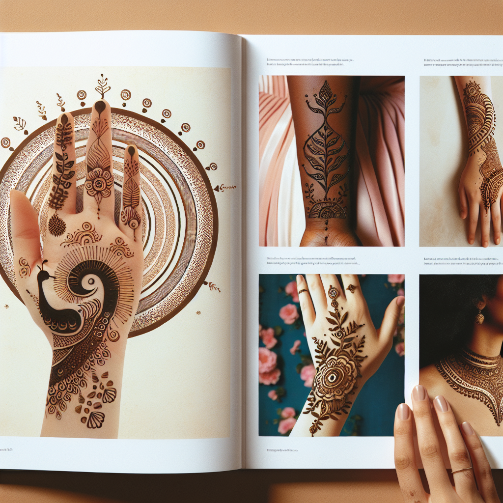 Mehndi Style Guide: Must-Have Looks for You A guide page reflecting various traditional Mehndi designs. In the top left is an intricate peacock design, embellished with paisley patterns, on a South-Asian woman's hand. To the right, a Middle-Eastern woman's foot showcases a minimalist geometric design stretching up towards the ankle. Below, a floral design spreads stunningly across a Black woman's forearm. Lastly, on the bottom right, a Caucasian woman's shoulder is adorned with a delicate vine pattern. All designs are depicted in a rich, dark brown henna color.