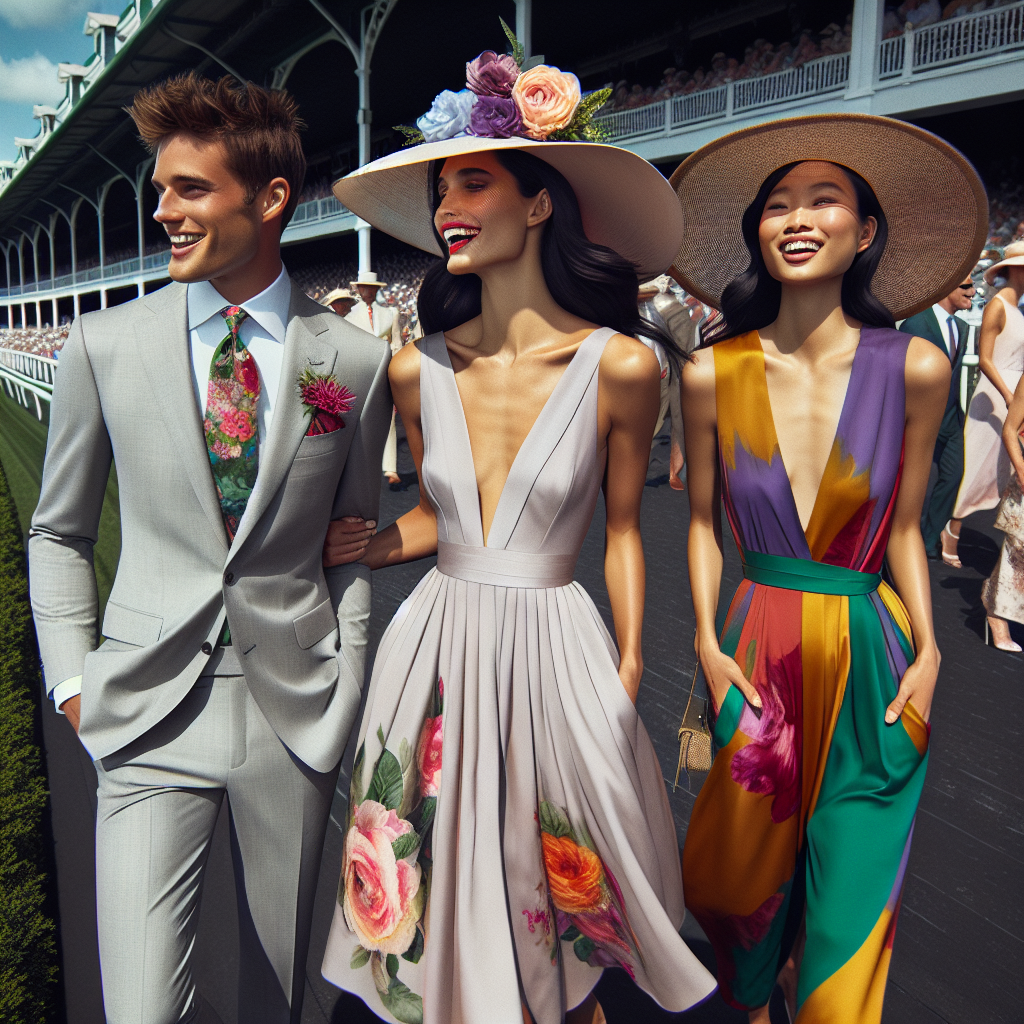 Visualize a breathtaking scene at a Kentucky horse racing derby featuring three individuals in effortlessly perfect and stylish outfits. The first person, a Caucasian male, is wearing a sleek light grey suit paired with a vibrant floral tie. Beside him stands a Hispanic woman in a knee length pastel sundress, topped with a wide-brimmed hat adorned with silk flowers. Finally, an Asian woman sports an elegant jumpsuit in bright jewel tones, draped with a lightweight, chiffon shawl. All of them are seen laughing and enjoying the exciting atmosphere of the derby.