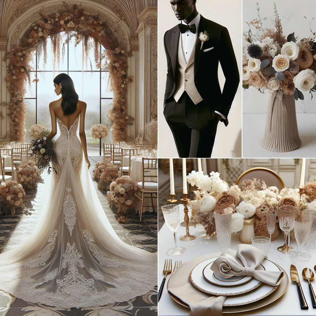 An image showcasing effortlessly elegant wedding styles. This includes a long, flowing white wedding dress with intricate lace detailing on a South Asian bride, a beautifully tailored black tuxedo with a crisp white shirt on a Black groom, coordinating flower arrangements with muted pastels and rich, cream colors, and finally, sophisticated table settings with fine china and crystal glassware. There is noticeable elegance to the scene but also an air of simplicity, making it truly timeless. The backdrop is a beautifully decorated wedding venue with a grand archway dressed with floral arrangements.