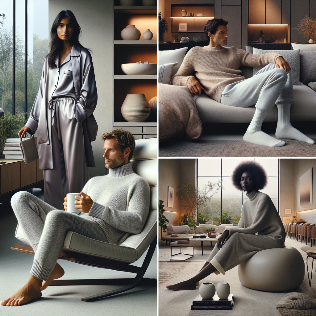 A variety of stylish, comfortable, and functional lounge outfits. On the left, a South Asian woman is sporting a chic silk pajama set in soft lavender hues. In the middle, a Caucasian man, relaxed in an elegant cashmere sweater and matching sweatpants, sits on a plush, minimalist chair. On the right, a Black woman is layered in a loose, cotton turtleneck and stretchy, yoga pants with a coffee mug in her hands. In the background, a serene, tastefully decorated living room with soft lighting, clutter-free surfaces, and lush indoor plants.