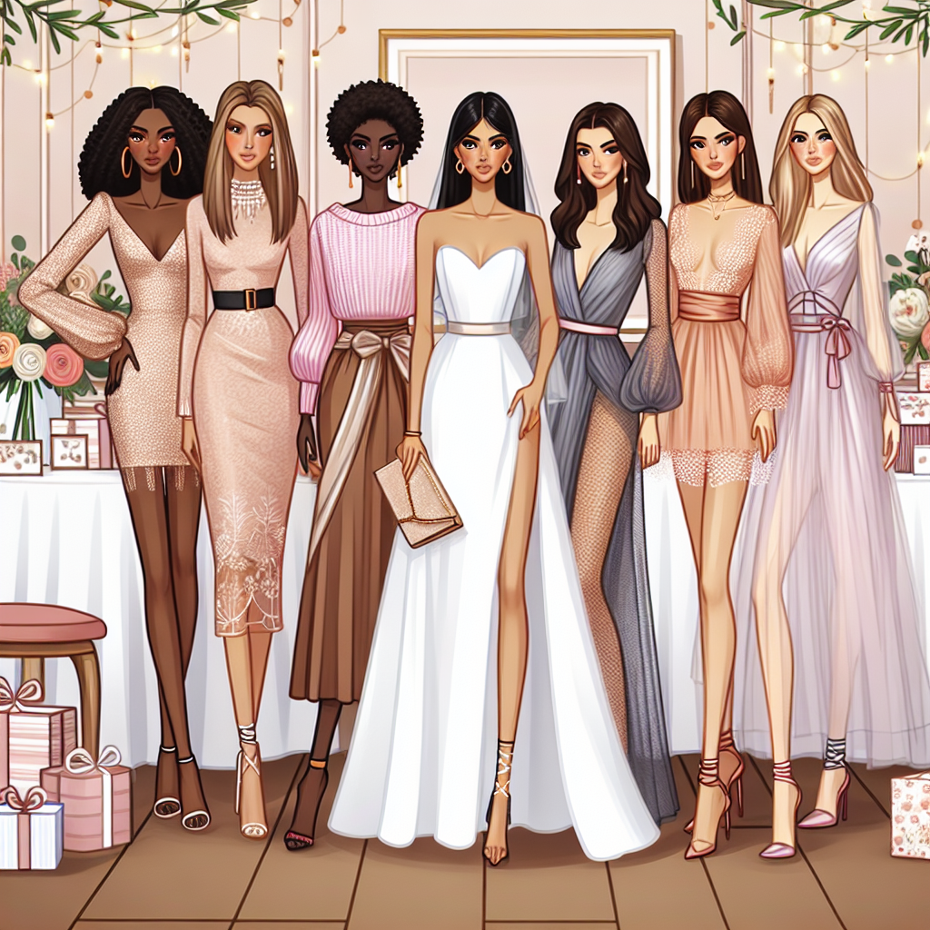 Stunning Outfits for Women at Bridal Showers Illustrate an elegant scene of a bridal shower. Show a diverse group of women with different descent such as Black, Hispanic, Middle-Eastern, South Asian and Caucasian. Each of them are wearing stunning and fashionable outfits suitable for the occasion. The outfits can vary in color and style, demonstrating elegance, class and femininity. The decor around the scene is upscale with a hint of whimsical charm to reflect the celebratory occasion, possibly including a beautifully laid table with flowers and tastefully decorated presents in the background.