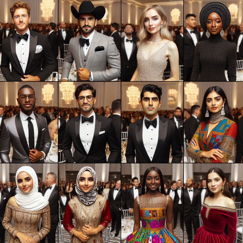 Generate a picture collage featuring groups of guests, at a formal white coat ceremony. Show a diverse group represented in terms of race and gender with attendees showcasing their stylish and sophisticated outfits. Include a man in a classy black tuxedo and a Mexican man in a traditional Charro suit, a South Asian woman in an embellished saree, a Middle Eastern woman in a chic dress paired with a hijab, a black woman in a vibrant African print dress, and a Caucasian woman in a sleek evening gown. The event setting should be a well-decorated banquet hall.