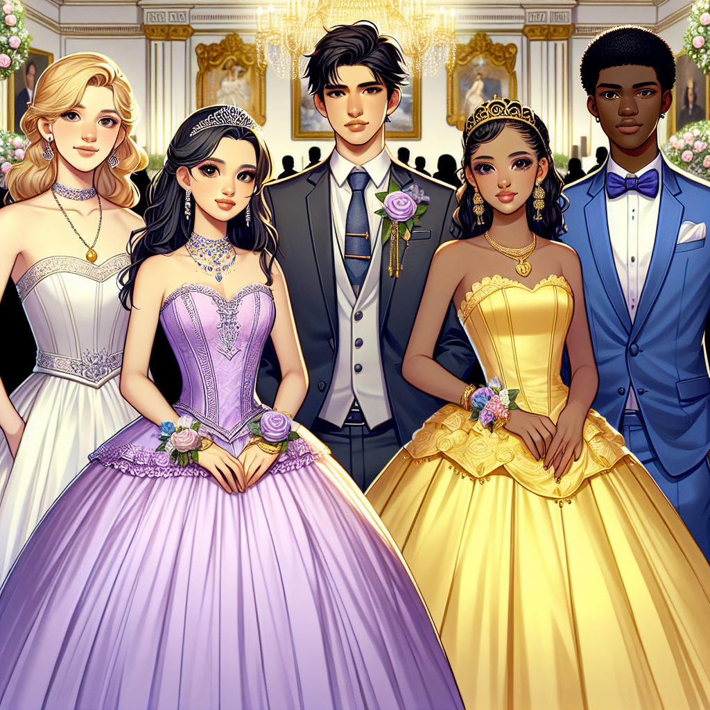 Must-Have Styles for Quinceanera: Effortless & Chic An illustration of four teenagers, all dressed in elegant formal attire for a quinceanera. Two of them are Hispanic females wearing ball gowns, one with a lilac-colored frock and silver tiara, and the other in a sunshine yellow dress with a tasteful gold locket. The other two individuals are gentlemen, one a Middle-Eastern teenager in a sharp tailored suit with a rose-pattern tie, and the other is an African teenager sporting a royal blue tuxedo with a white silk bowtie. They are standing in a grand hall lavishly decorated, embodying both effortless and chic styles.