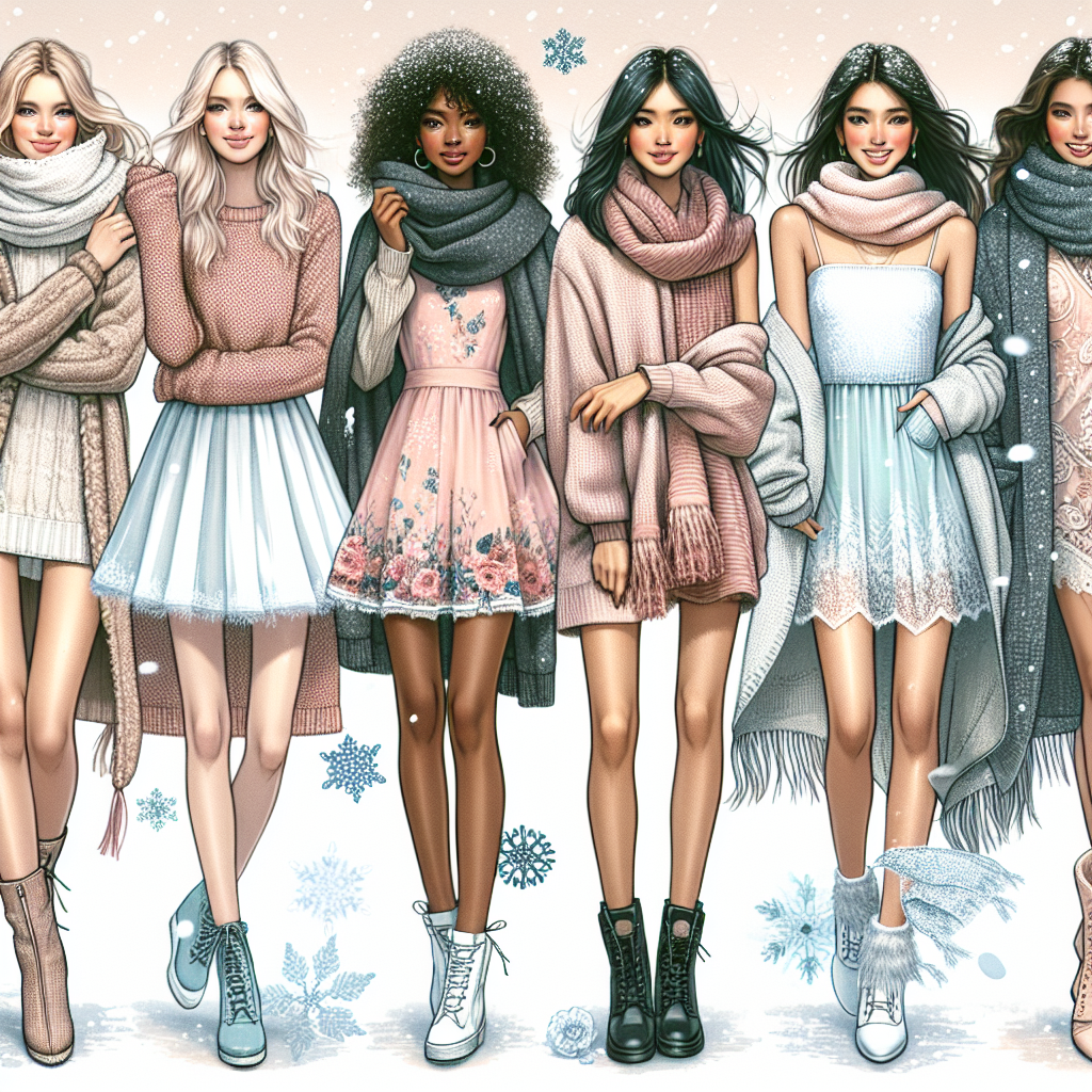 Stunning Layers: Best Picks for Cold Days Over Mini Dresses A stylish winter scene showing a diverse group of people bundled up in layers, overlaying their favorite mini dresses with warm clothing. Envision a woman of Caucasian descent in a chunky knit sweater over a floral mini dress, a Black woman in a tailored coat over a silk mini dress, a Middle-Eastern woman wearing a long, fringed scarf over a bright mini dress, and a South Asian woman in a thick cardigan over a lace mini dress. Their joyful faces express the chic comfort of their choices. Icy winter elements like falling snow and frost-laden trees set the seasonal mood. Please use soft pastel colors to evoke a sense of warmth amidst the cold.
