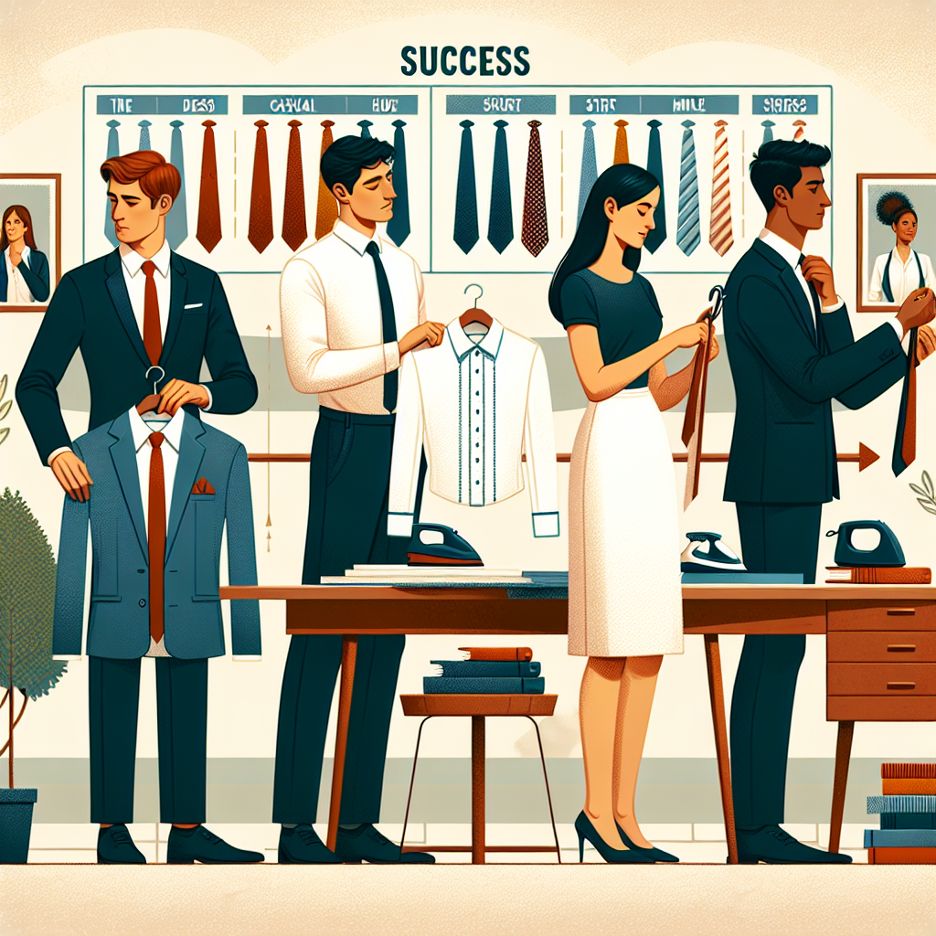 What to Wear: Effortless Guide for Job Exam Success A diverse group of individuals preparing themselves for job exams. A white male diligently ironing a formal suit, a Hispanic woman examining a classy blouse with a skirt on a hanger, and a South Asian man thoughtfully selecting a tie from an array of neatly organized ties. There's a display illustrating different levels of dress codes, going from casual to business professional. To balance things out, there's also a desk signified with 'Success' written on top, adorned with books about job interviews and body language. A subtle hint of a dawn's sunshine is seeping through a nearby window, symbolizing new beginnings.