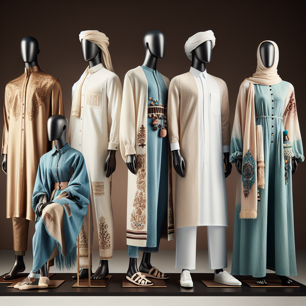 Stunning Outfits for Qatar: Dress Effortlessly Chic Create a diverse collection of effortlessly chic outfits appropriate for Qatar. The scene should present a fashion display with five mannequins each wearing a unique ensemble. The first mannequin, of Hispanic descent, should be adorned in a contemporary golden jalabiya. The second, a Caucasian figure, should sport a stylish white linen suit. The third should be a Middle-Eastern mannequin in a vibrant turquoise abaya enlivened by decorative ornaments. The fourth, a black model, graces an unconventional denim thobe. The last mannequin, of South Asian descent, showcases an elegant cream-colored shirtdress. Complement these outfits with appropriate accessories and footwear.