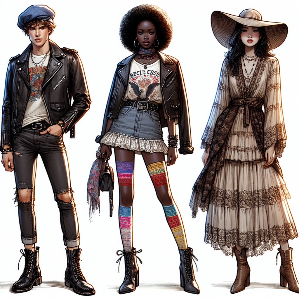 Produce an image showcasing fashionable concert outfits suitable for attending a rock music event. The image should consist of three diverse people, a Caucasian man, a Black woman, and a Middle-Eastern woman, each showcasing their personal style. The Caucasian man is wearing an edgy leather jacket and jeans ensemble. The Black woman is rocking a graphic t-shirt paired with a mini skirt, multi-colored stockings, and ankle boots. The Middle-Eastern woman is wearing a layered boho-chic dress with lace details, paired with a wide brim hat.