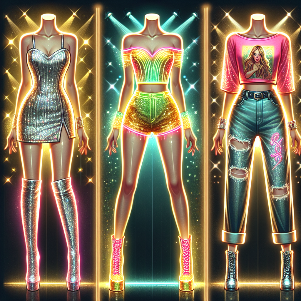 Must-Have Outfits for a Kylie Minogue Concert Create an illuminating image showcasing three ideal outfits for a concert featuring a popular female pop musician. These ensembles should reflect the joyful and energetic nature of her music. The first costume incorporates a glittering silver mini dress with matching boots. The second features a vibrant neon ensemble with high-waisted shorts and an off-shoulder crop top. The final outfit is a classic concert goer’s attire, jeans and a band t-shirt, but with a twist – the jeans are embellished with sequins and the shirt is a light, metallic gold. Each costume should reflect the glitz and glamour typically associated with pop music concerts.