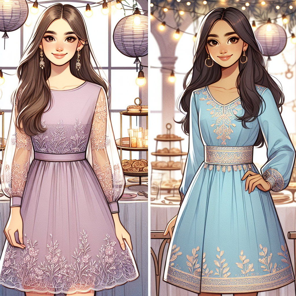 Must-Have Outfits for a Bat Mitzvah: Effortless Elegance An image centered on the theme of must-have outfits for a Bat Mitzvah featuring effortless elegance. On one side, illustrate a Caucasian girl in a lavender colored, knee-length dress with delicate lace sleeves. On the other side, depict a Middle-Eastern girl in a tasteful, sky-blue dress, adorned with soft gold embroidery around the waist. The two should be standing in a tastefully decorated venue with string lights, paper lanterns hanging from the ceiling, and a well-set buffet table in the background. Their smiles should capture the joyous atmosphere of the day.