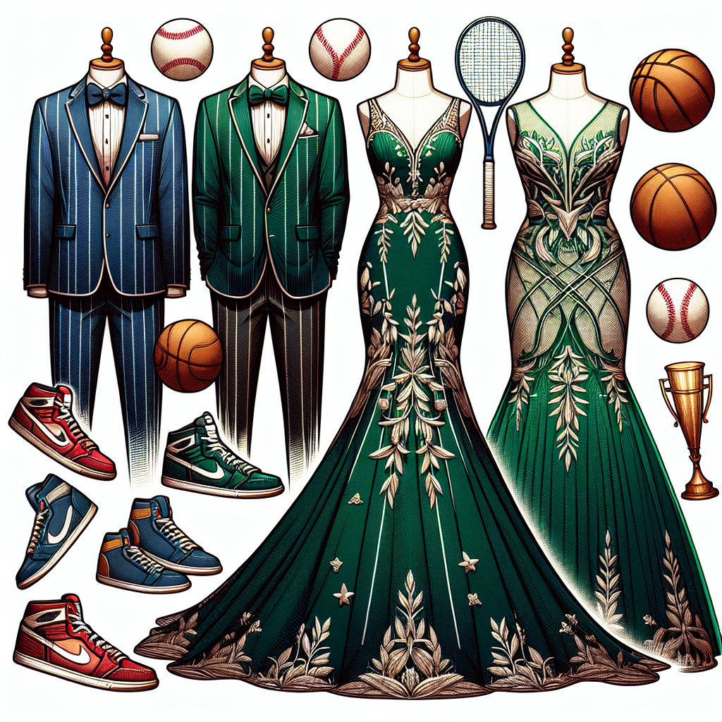 Create a detailed image displaying a selection of elegant sports-themed attire perfect for a banquet. Showcase a svelte tuxedo with subtle baseball line patterns for a Caucasian male, a sharp suit with basketball embroidered lapels for a Black man, a magnificent gown in a vibrant football grass green for a Hispanic woman, and a stunning dress imbued with tennis net patterns for a Middle-Eastern woman. Remember to balance the sportiness with the flamboyancy of banquet attire. Let the clothes hang on invisible mannequins with a festive banquet backdrop, and lay some popular sports equipment subtly around.