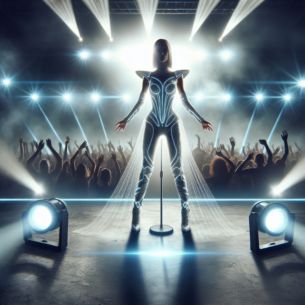 Stunning Taylor Swift 2024 Concert Outfits! Craft an image of an extravagant concert stage under bright lights with a crowd cheering in the background. In the center spotlight, present a female singer, not recognizable as a specific individual but oozing undeniable star quality. She is a tall, slim Caucasian woman with blonde hair, wearing futuristic, stunning costumes appropriate for 2024. Channel a dynamic energy of a thrilling live concert. Note: This representation should not be identifiable as a specific real-life person or celebrity.