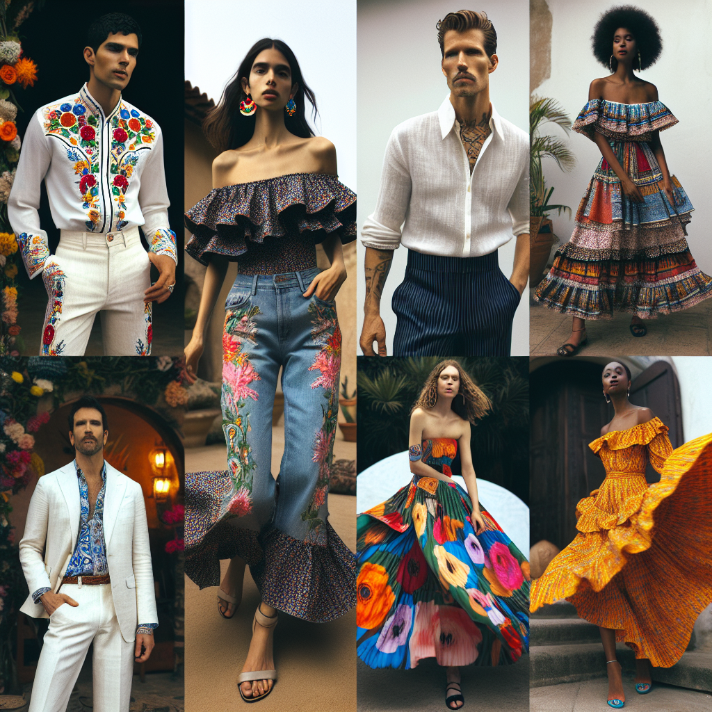 Must-Have Fiesta Outfits: Stunning & Effortless Style A curated montage of fiesta outfits showing stunning and effortless style. Visualise a South Asian man with a vibrant, embroidered guayabera shirt. Next to him, a Caucasian woman in a ruffled, floral print dress that flows with every move. A Middle Eastern woman wears a bold, patterned maxi skirt paired with a minimalist top. A Hispanic man steps out in a crisp linen suit, with an understated tie. A Black woman flaunts a bright off-shoulder blouse with high-waist jeans, her style is accentuated with a pair of colourful hoop earrings. All creating a real sense of celebration.