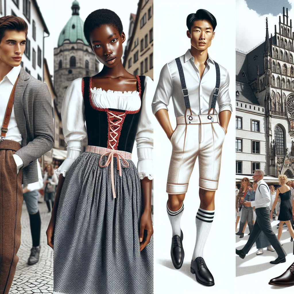 An array of chic outfits that intertwine traditional German style with modern fashion trends to avoid a touristy look. Picture a young African woman in a contemporary interpretation of the classic 'Dirndl'. Beside her, an Asian gentleman wearing a minimalistic variation of 'Lederhosen' paired with a well-fitted shirt. Include locals bustling with excitement at a German city's architecture in the background.