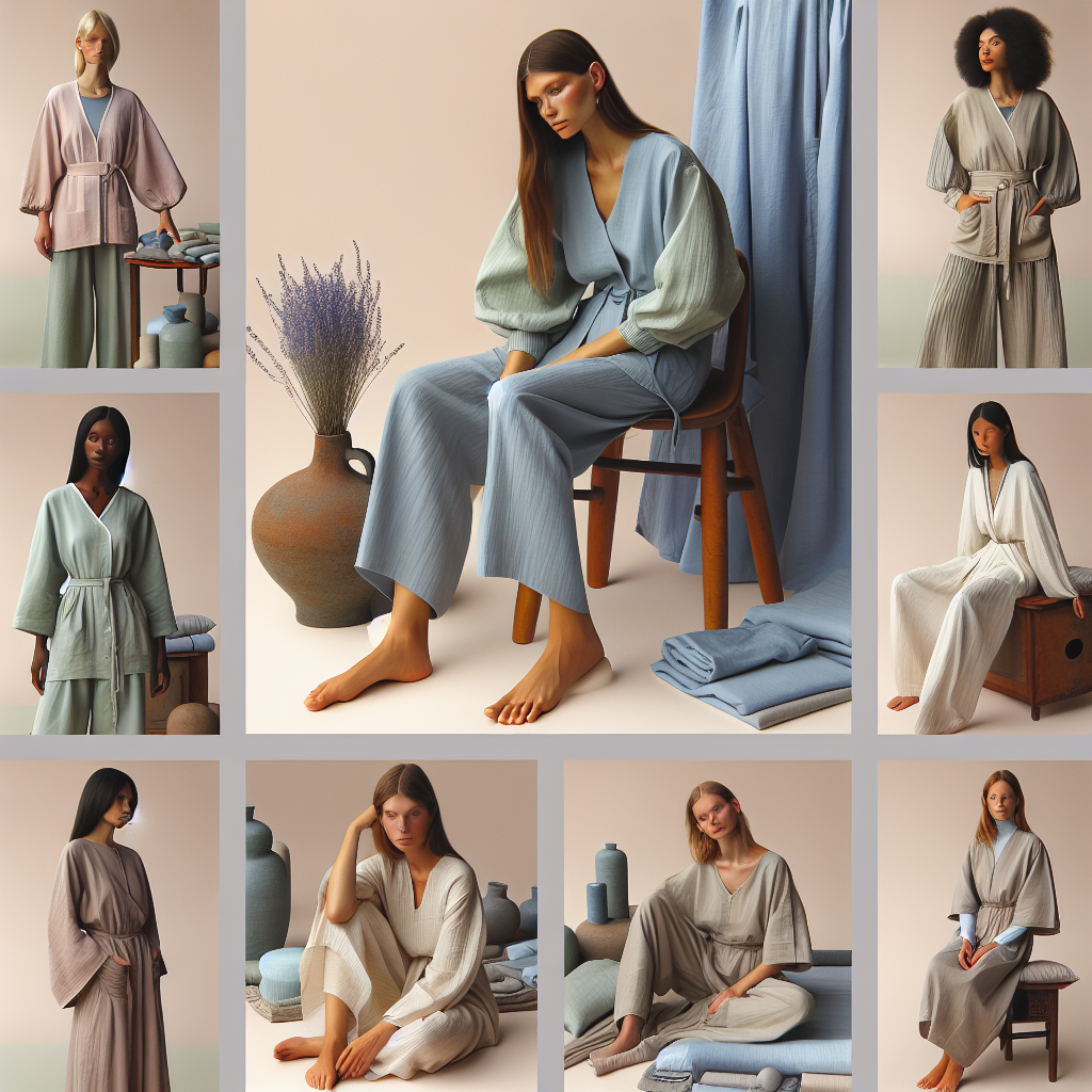 Effortless Massage Outfits for Period Comfort Visualize a collection of effortless massage outfits designed specifically for period comfort. Picture a variety of loose-fitting garments in soft fabrics such as cotton and silk. The clothes should be in soothing hues like lavender, mint, and powder blue. The outfits could include wide-legged trousers, caftan-style dresses, and oversized tunics, all with subtle hints of ancient Asian-inspired designs. In the scene, have several female models of diverse descents such as Caucasian, Black, Hispanic, South Asian, and Middle Eastern, showcasing the comfortable outfits. The women might be posed in relaxed settings, perhaps with a backdrop of minimalistic interiors.