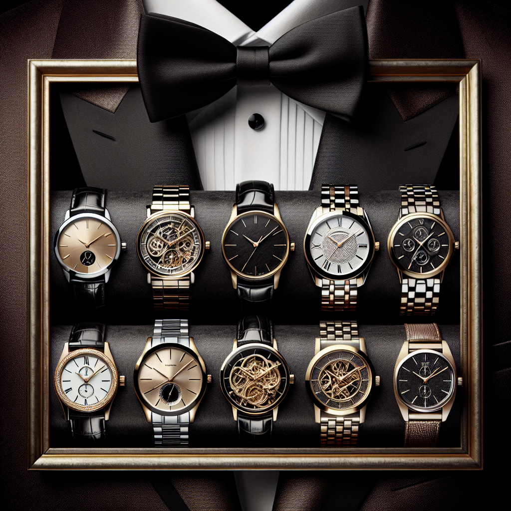 Must-Have Watches for Tuxedos: Style Perfection Create a visually stunning image of a variety of luxurious, high-end watches. Each watch has a distinctive style that matches perfectly with a symbolic black tuxedo. Some watches are sleek, minimal, and modern, while others evoke the timeless elegance of a classic, vintage style. They have intricately designed watch faces with gold or silver bands. Place them against a background of lush velvet, for an added touch of luxury and class. The frame should convey the feeling of opulence, style, and sophistication, filling the audience with awe at the mastery of precision and design.