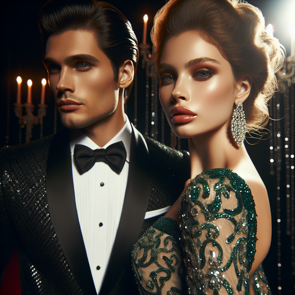 Exclusive Gala Styles: Discover Your Stunning Look Imagine stepping onto the red carpet of an opulent gala event. Your captivating look is sure to make heads turn. Let's delve into creating an image of an elegant woman and man, ravishingly attired for the exclusive event. The woman glows in an elaborate, sequin-embellished gown of rich emerald green. Her hair is sculpted into a sophisticated updo, adorned with lustrous pearls. Beside her, the man exudes charm in his sharp, tailored tuxedo, black with satin trim and a crisp white shirt. His hair is sleekly styled, complementing his debonair looks. The duo exude panache, setting a high standard for gala fashion.