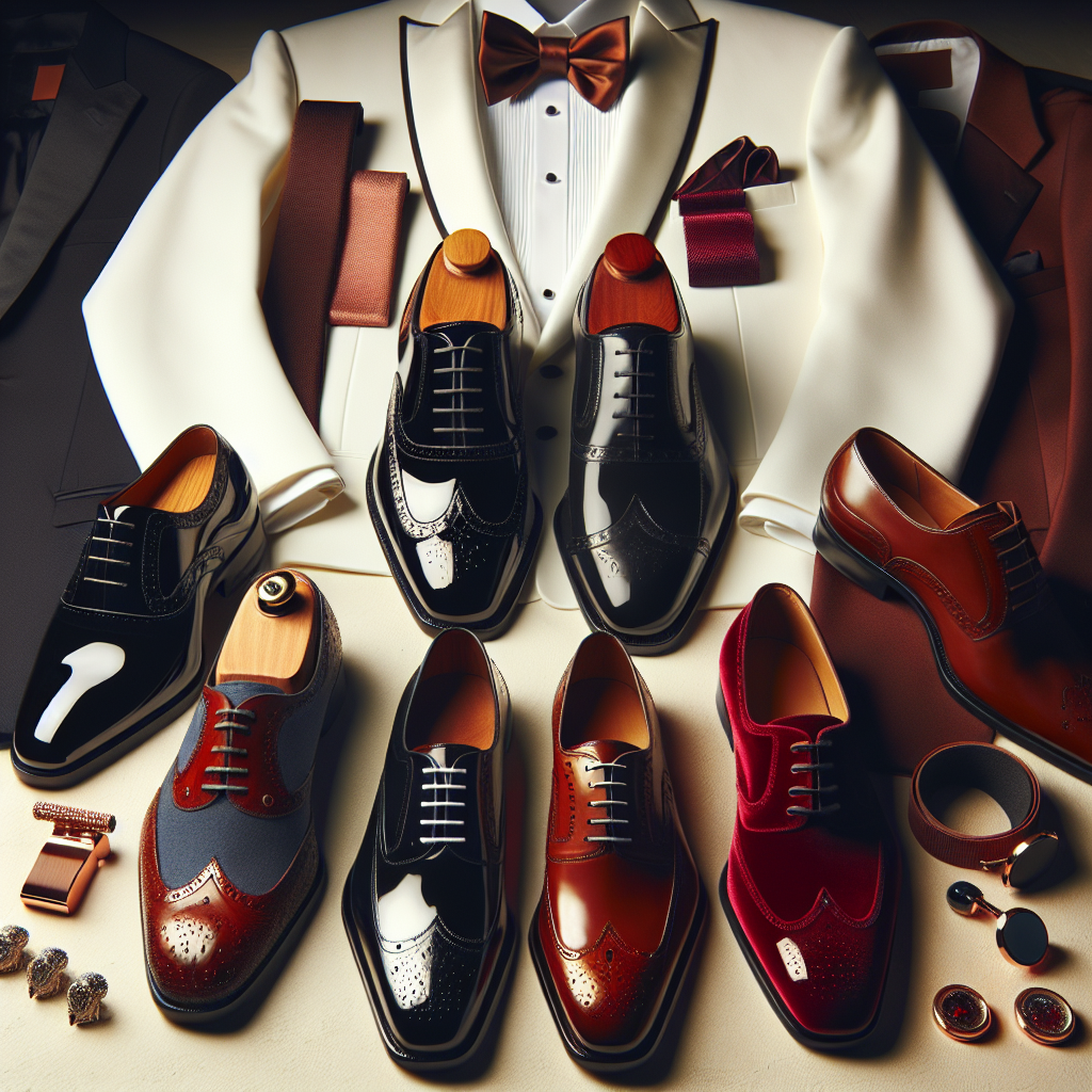Must-Have Shoes for Tuxedos: Achieve Effortless Style Envision an image displaying an arrangement of must-have shoes paired with a classy tuxedo. The shoes range from shiny patent leather oxfords in midnight black color, to sleek brown brogues, and velvet loafers in a vibrant burgundy. The tuxedo has crisp white fabric and contrasts with the shoes. Accent details, such as pocket squares, cufflinks, bow tie and multiplicity of shoe laces, also add visual interest. Under soft, warm light, the scene emanates the vibe of effortless style and sophistication. The overall setting inspires a sense of refinement, luxury, and elegance inherently associated with formal gentleman's fashion.