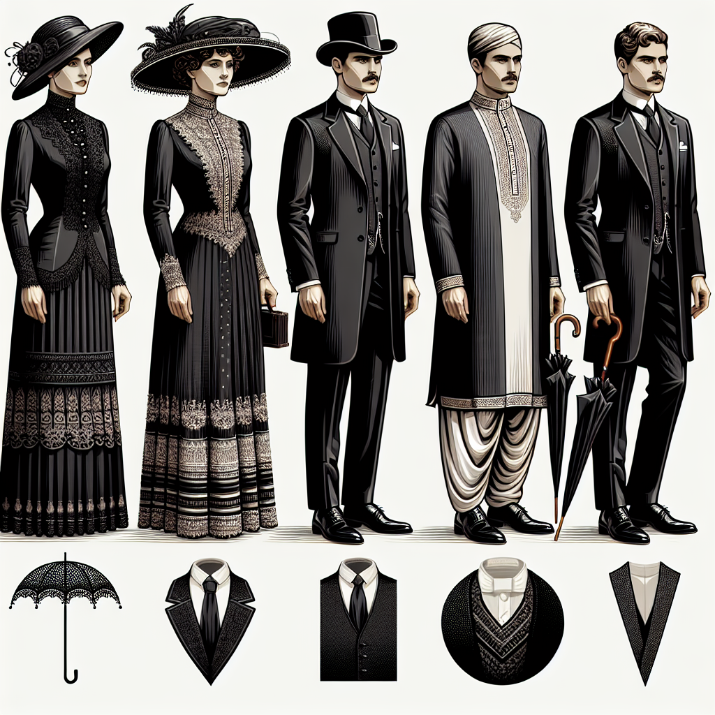 Effortlessly Chic: Best Colors for Funeral Attire Create an intricate image representing a collection of tastefully chosen funeral attire to display resilience and respect for the deceased. The ensemble should include three different outfits: A black Victorian-era dress on a Hispanic woman who reflects elegance and respect, a traditional South Asian kurta and dhoti in various shades of grey on a Middle-Eastern man showing his strong character, and a refined black suit with a mourning tie around the neck of a confident Caucasian man. Also, showcase accessories such as elegant hats, black umbrellas, and solid leather shoes.