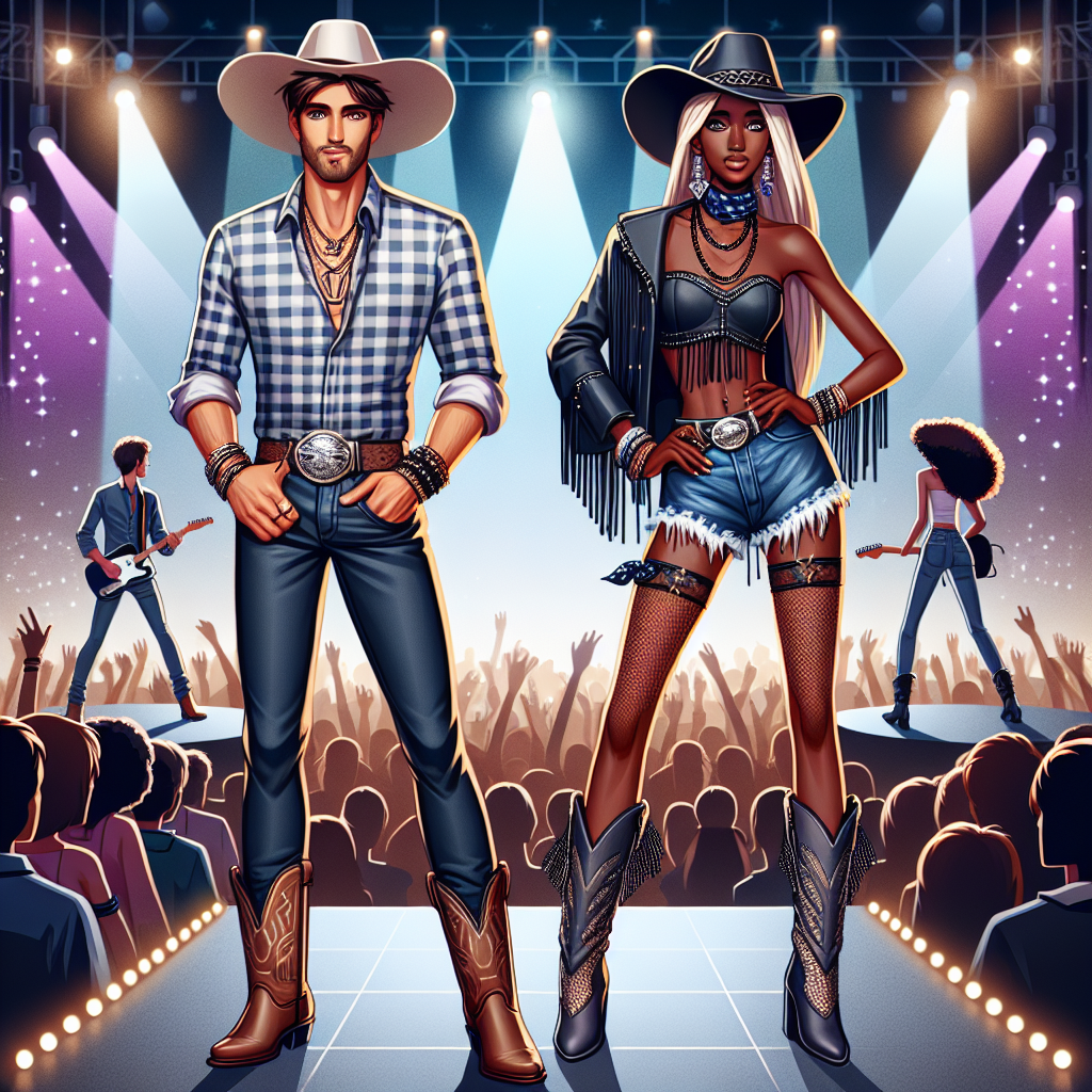 Stunning Outfits for Luke Bryan Concerts: Effortless Style Create an image of a country-style concert atmosphere featuring two characters. The first character is a Caucasian male dressed in trendy country style clothing, embracing a modern cowboy look with a checkered shirt, dark blue jeans, boots, and a wide-brimmed hat. To his side is a Black woman, displaying her unique fashion sense with her distinct country-style attire incorporating an edgy twist: a fringe top, denim shorts, and cowboy boots, accessorized with stylish layered necklaces and a matching bandana tied around her wrist. A sea of adoring fans and bright stage lights set the backdrop.