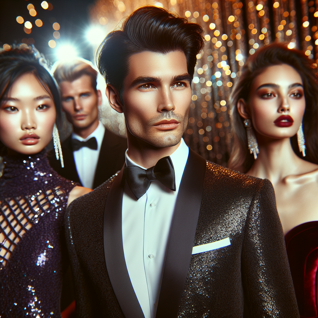 Gala Glam: Discover Your Stunning, Effortless Look Imagine a glamorous scene at a high-end gala event. The focus is on a diverse group of individuals who radiate effortless elegance. An Asian woman in a high-necked, sequined navy dress with her black hair styled in a sleek updo. A Caucasian man, sharply dressed in a charcoal gray tuxedo, with his caramel hair combed perfectly. A Middle Eastern woman dressed in a regal wine-red velvet gown with her brunette hair cascading down in loose waves. Each person’s style is unique, yet they all manage to look stunning and effortlessly chic. The atmosphere around them sparkles with vibrancy, glam, and sophistication.