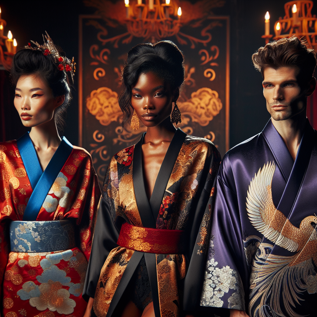 Stunning Kimono Styles for Your Next Burlesque Show Create a visually captivating scene featuring a variety of Japanese kimono styles ideal for a burlesque performance. Picture three models showcasing these distinctive outfits. One model, an Asian woman, is wearing a fiery red kimono with intricate golden patterns. Another model, a black woman with her hair in an elegant updo, is adorned in a deep purple kimono with silver floral motifs. Lastly, a Caucasian man wearing a midnight blue kimono with an elaborate phoenix design in white and gold. They are on a dimly lit stage adorned with vintage motifs, reflecting the traditional essence of burlesque.