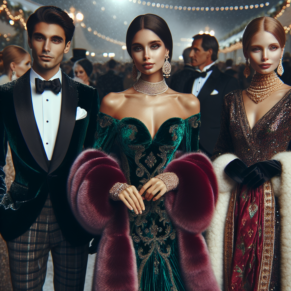 Stunning Gala Outfits: What to Wear in Cold Weather A lavish winter gala scene with various attendees. Focus on three individuals showcasing their stunning cold-weather gala outfits. The first individual, a Caucasian woman, is wearing an opulent, velvet, emerald green evening gown with a bubble sleeved fur shrug. The second individual, a Middle-Eastern man, is dressed in a black velvet tuxedo with a white silk pocket square, complemented by a plush purple cashmere scarf. The third person, a South Asian woman, is adorned in a ruby red silk sari with a gold sequined shawl draped over her shoulders. All are radiating elegance and warmth amid the chilly surroundings, setting the scene for an elaborate winter gala.