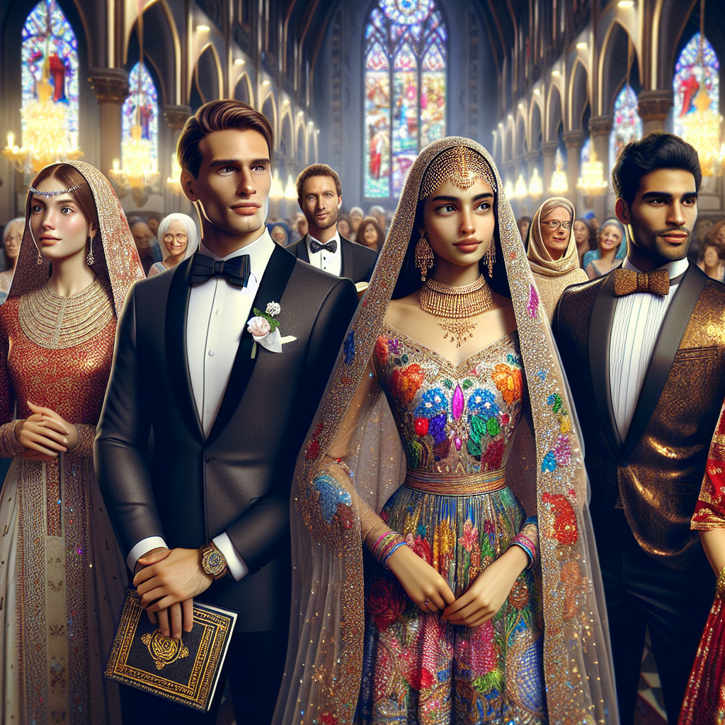 Stunning Outfits: What to Wear to a Church Celebration Visualize a festive scene from a church celebration where people from different backgrounds are showing off their stunning outfits. Envision a Middle-Eastern woman in an elegant, traditional dress, holding a prayer book. Nearby, a Caucasian man is donning a composed formal suit with a radiant tie. A South Asian girl can be seen wearing a vibrant, intricately embellished attire, and a Black man is wearing a classy outfit, bow-tie and all. The inside of the church is decorated beautifully, and the stained glass windows cast a colorful light on everyone, enhancing the splendor of their costumes.