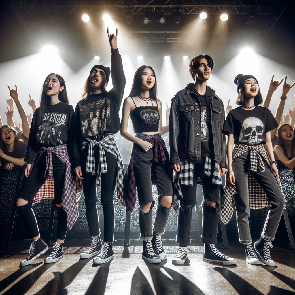 Must-Have Looks for a Breaking Benjamin Concert Envision a vibrant scene at a rock concert, filled with spirited fans. A group of four East Asian women donned in black skinny jeans, band tees, flannel overshirts, and dark-colored beanies. Likewise, a couple of Middle Eastern men in dark leather jackets, graphic tees, and black denim, passionately singing along. Additionally, show a Caucasian man and a South Asian woman wearing distressed denim jackets and converse, waving their hands in unison. Ensure the audience's attires reflect the band's alternative rock aesthetic. Use a mixture of bright and shadowy illumination to replicate the concert atmosphere.