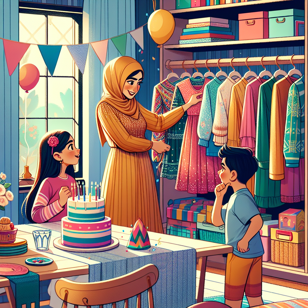 Mom's Guide: Effortless Outfits for Kids' Birthday Parties A visual representation of a Middle-Eastern woman, emphasizing the role of a caring mother, selecting colorful and trendy clothes from a wardrobe for her kids. The outfits are suitable for a birthday party, they are playful, easy to wear, yet stylish. The kids, a South-Asian girl and a Caucasian boy, are excited and checking out the clothes with eyes full of wonder. They stand by a dining table filled with a brightly decorated birthday cake, balloons, and other festive elements, in an atmosphere brimming with joy and anticipation. The story is set in an inviting, cozy, and well-lit home.