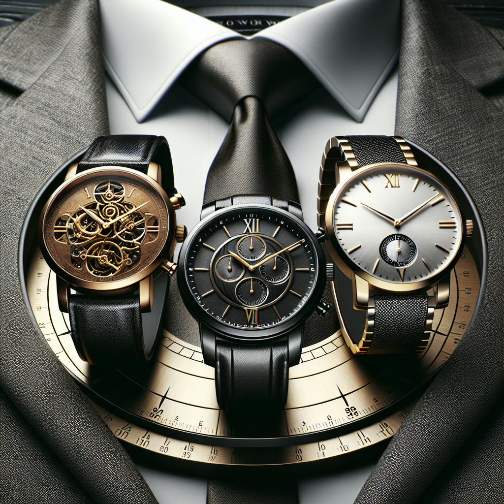 Must-Have Watches to Elevate Your Suit Look Visualize a still life perspective of three luxury watches with intricate designs preferred by fashion aficionados, each resting on a counterclockwise arc. From the left, the first is a vintage metallic bronze watch with an old-world charm, the second in the center is a sleek modern watch with a matte black case and dial, and the third on the right is a classic white gold watch with Roman numerals. Behind them is a perfectly ironed charcoal grey gentleman's suit with a silk tie, representing a sophisticated backdrop to these essential fashion icons.