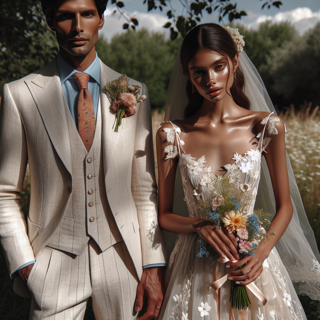Imagine an outdoor summer wedding scene. The groom, a tall South Asian man, is clad in a sophisticated cream linen suit, complemented with a light blue cotton shirt and brown leather shoes. He ties his ensemble together with a soft coral tie - a nod to the vibrance of summer. The bride, a petite Hispanic woman, graces the scene in a chic A-line wedding dress with floral lace embellishments. Her attire is set off with a pair of white satin stilettos and a bunch of fresh wildflowers. Together they illuminate their surroundings, truly encapsulating the spirit of a summer wedding.
