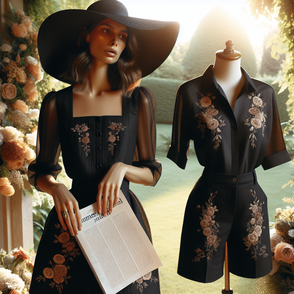Stunning Summer Funeral Attire: Effortlessly Perfect Choices Visualize an article cover featuring summer funeral attire. Focus on an elegant, black linen dress adorned with subtle floral embroidery, paired with a floppy black sunhat for a woman of South Asian descent. Also, depict a black cotton short-sleeve button-down shirt, paired with black formal shorts and a fedora for a Caucasian man. Add a serene, tastefully decorated, sunlit garden in the background to give a warm yet respectful vibe. Ensure a balance between the solemn occasion and the vibrant summer season.