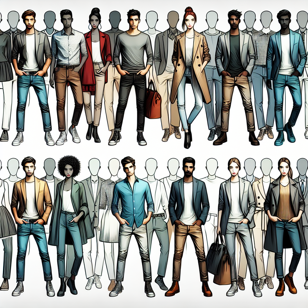 Imagine a variety of fashionable and trendy outfits that pair well with grey shirts. For each outfit, consider the gender and descent of the person wearing it and ensure a fair representation. Picture some outfits for men and women of various descents such as Hispanic, Caucasian, Black, Middle-Eastern, or South Asian. The outfits should range from casual to formal, including ensembles with different types of pants, skirts, coats, accessories, and shoes. The emphasis should remain on the grey shirt as the centrepiece of the look. The environment should be a stylish and modern clothes' store.