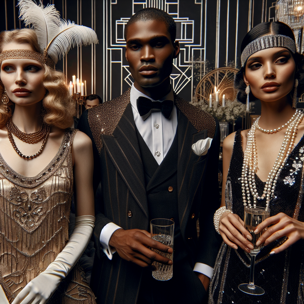 Stunning Gatsby Party Outfits: Must-Have Vintage Glam Visualize a scene of a glamorous party themed around the 1920s era, often referred to as the 'Roaring Twenties'. Featured are party-goers wearing stunning vintage outfits that reflect the Gatsby-style elegance and opulence. Focus on three individuals: a Caucasian woman in a beaded flapper dress with a feathered headband, a Black man wearing a sharp double-breasted suit with a pocket watch, and a Hispanic woman donning a sequined dress and long pearl necklace. Include intricate art deco designs and décor, and a lively atmosphere filled with sophistication and allure.