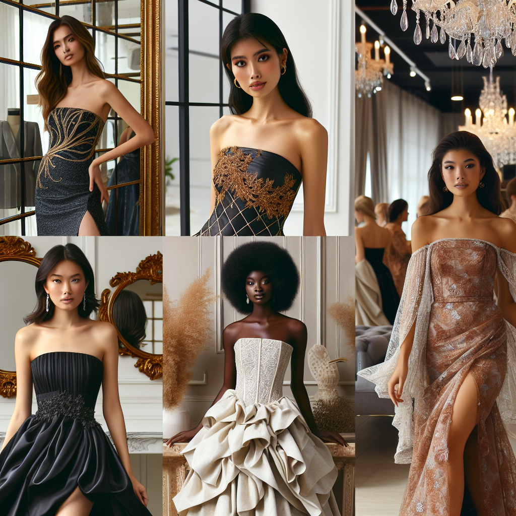Stunning Styles for Strapless Dresses: Must-Have Looks An image showcasing a diverse range of stunning styles for strapless dresses. Display a Middle Eastern woman in a sleek, modern gown with intricate gold detailing. Next to her, let there be an Asian woman sporting a vintage-inspired strapless dress with ruffles. Furthermore, include a Black woman in a strapless boho-chic dress adorned with intricate lace. All their outfits exude individuality and charm. They pose confidently in a chic boutique setting with mirrors, chandeliers, and elegantly-dressed mannequins in the background to provide context for their styles.
