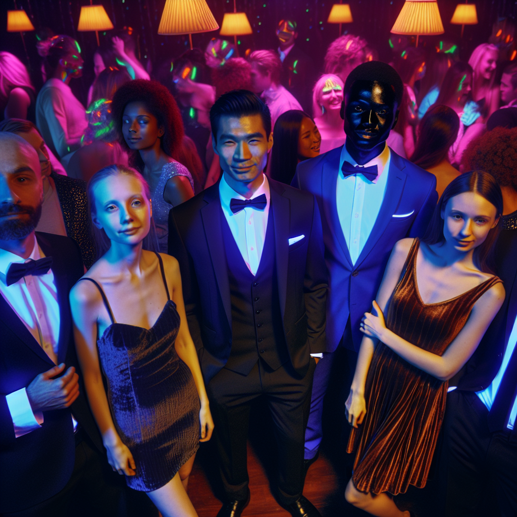 Must-See Outfits: What Not to Wear to a Black Light Party Imagine a bustling party under black lights. In the center of this vibrant party, imagine a group of five people - a Caucasian man, a South Asian woman, a Hispanic man, a Black woman, and a Middle-Eastern woman. They are all misjudged their outfits for the black light party. They are wearing clothes that absorb the black light instead of reflecting it. Perhaps some are in dark suits, some in navy blue garments, and some in brown attire. The South Asian woman, for example, can be seen wearing a brown velvet dress, while the Caucasian man is in a black tuxedo. People around them glow under the UV light, their clothes decorated in neon paint or white, contrasting starkly with the group's dull colors. The atmosphere is lively, full of music and laughter, but an aura of awkwardness surrounds the group.