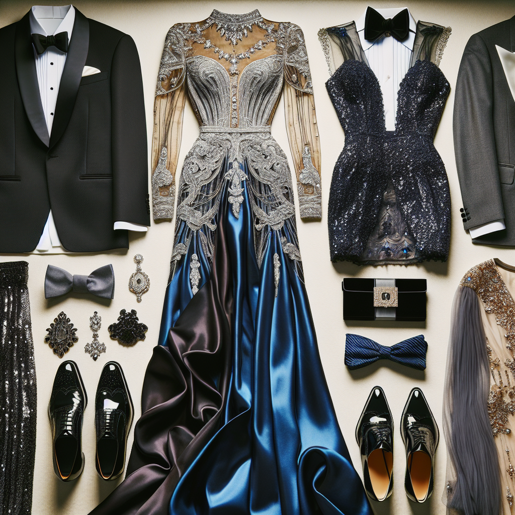 Stunning Outfits for Symphony Nights: Effortless Elegance An array of stunning attire is laid out in preparation for a night at the symphony. A bespoke tuxedo, well-polished black shoes, and a crisp, white dress shirt accented with a silk bow tie for an elegant Asian man. For a chic Black woman, a floor-length, royal blue silk gown with statement silver jewelry. For a fashionable Middle-Eastern woman, an opulent, cocktail dress lavished with sequins and paired with peep-toe high heels. For a stylish Caucasian man, a dapper three-piece suit in charcoal grey, accented with a pocket square and patent oxfords.