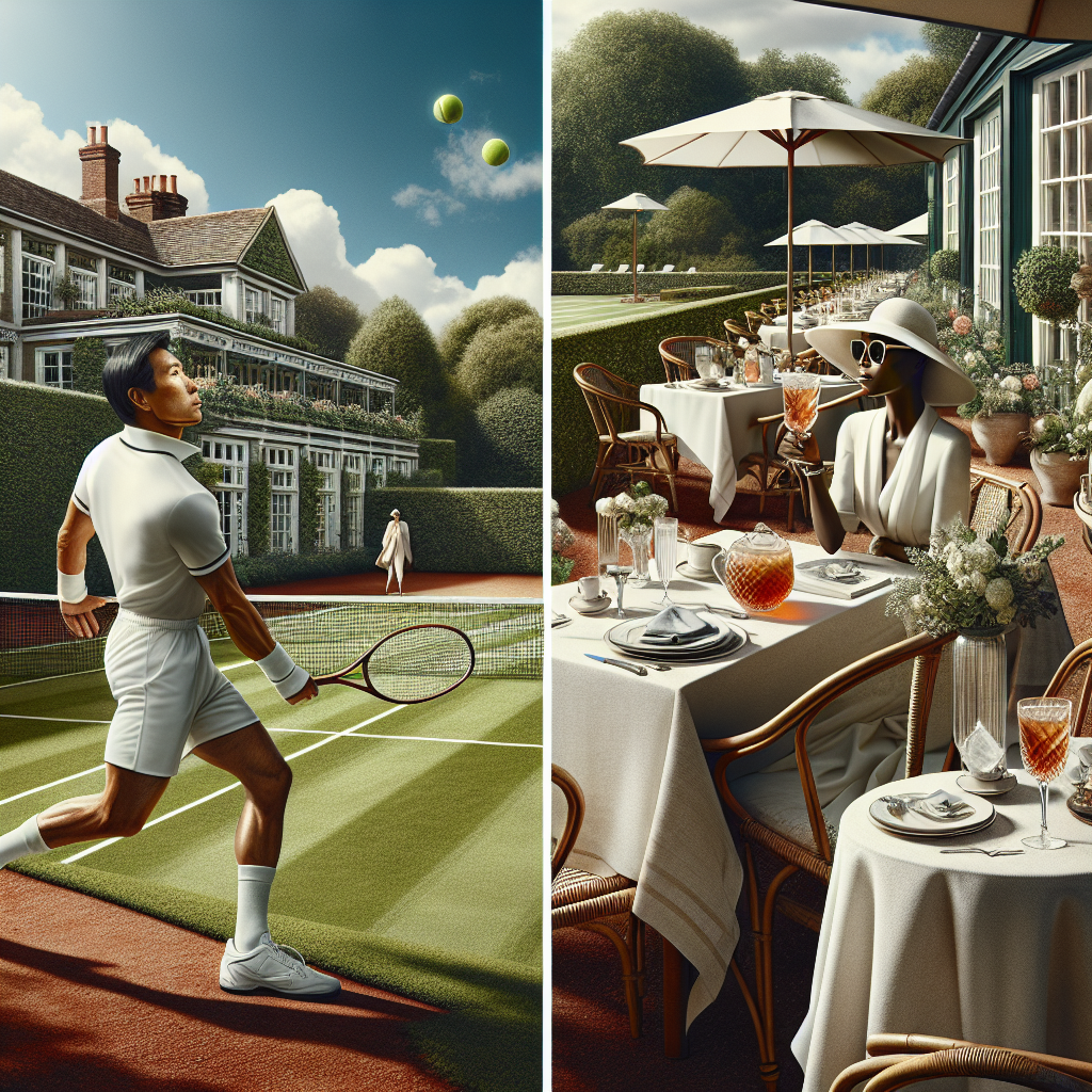 Country Club Chic: Must-Have Styles to Dazzle Detail a serene country club setting at midday, enclosed by lush greenery and a brilliant blue sky. At the centerpiece, a stylish tennis court replete with wooden benches around it. Show a middle-aged Asian man in tennis whites, aiming to strike the ball, exhibiting confidence and charm. Near the club, depict a chic outdoor cafe with tables adorned by linen cloths, silverware, and crystal glasses, looking inviting. Include a young Black woman comfortably seated, sipping iced tea, wearing an elegant white sundress, hat, and oversized sunglasses. The overall look should ooze class, understated luxury, and sophisticated charm.