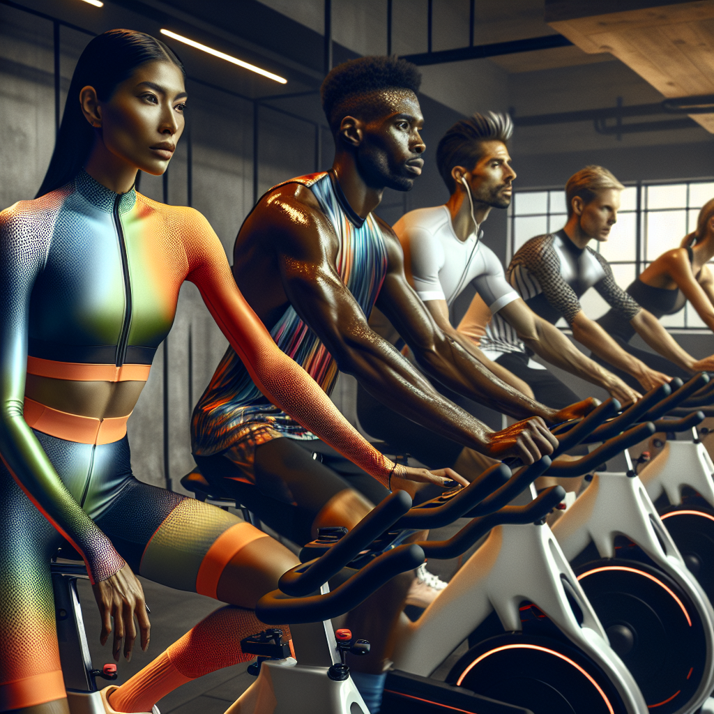 A dynamic scene taking place in a high-end, modern cycling studio. There are four people positioned on top-of-the-line cycling machines, each engrossed in the workout and demonstrating the power of sweat. The person in the foreground is a South Asian woman dressed in a vibrant, moisture-wicking outfit, her firm grip on the handlebars. To her side is a Black man wearing a designer, form-fitting cycling outfit, focusing intently on his digital screen. In the back, there is an athletic Hispanic woman in a neon, quick drying cycling suit, and a white man with determination in his eyes, donned in a sleek, classic black and white outfit. All outfits represent effortless style and practicality, signifying the perfect balance between fashion and fitness.