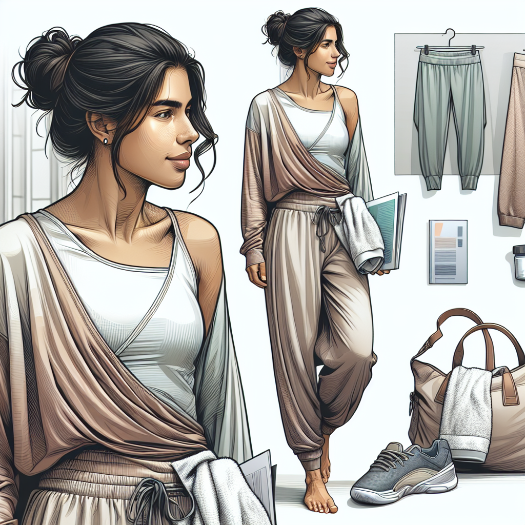 What to Wear to a Chiropractic Appointment: Stylish, Comfortable Picks A detailed and colorful image showing a South Asian woman in her 30s wearing a stylish yet comfortable clothing suitable for a chiropractic appointment. She has a relaxed and confident stature. She is wearing loose fitting yoga pants, and a lightweight, long-sleeve top. Her ensemble is paired with comfortable, easy to remove shoes. There's a small, over the shoulder bag containing a book, water bottle, and a folded towel. Image also features a minimalist background with the interior of a modern chiropractic office, to provide context.