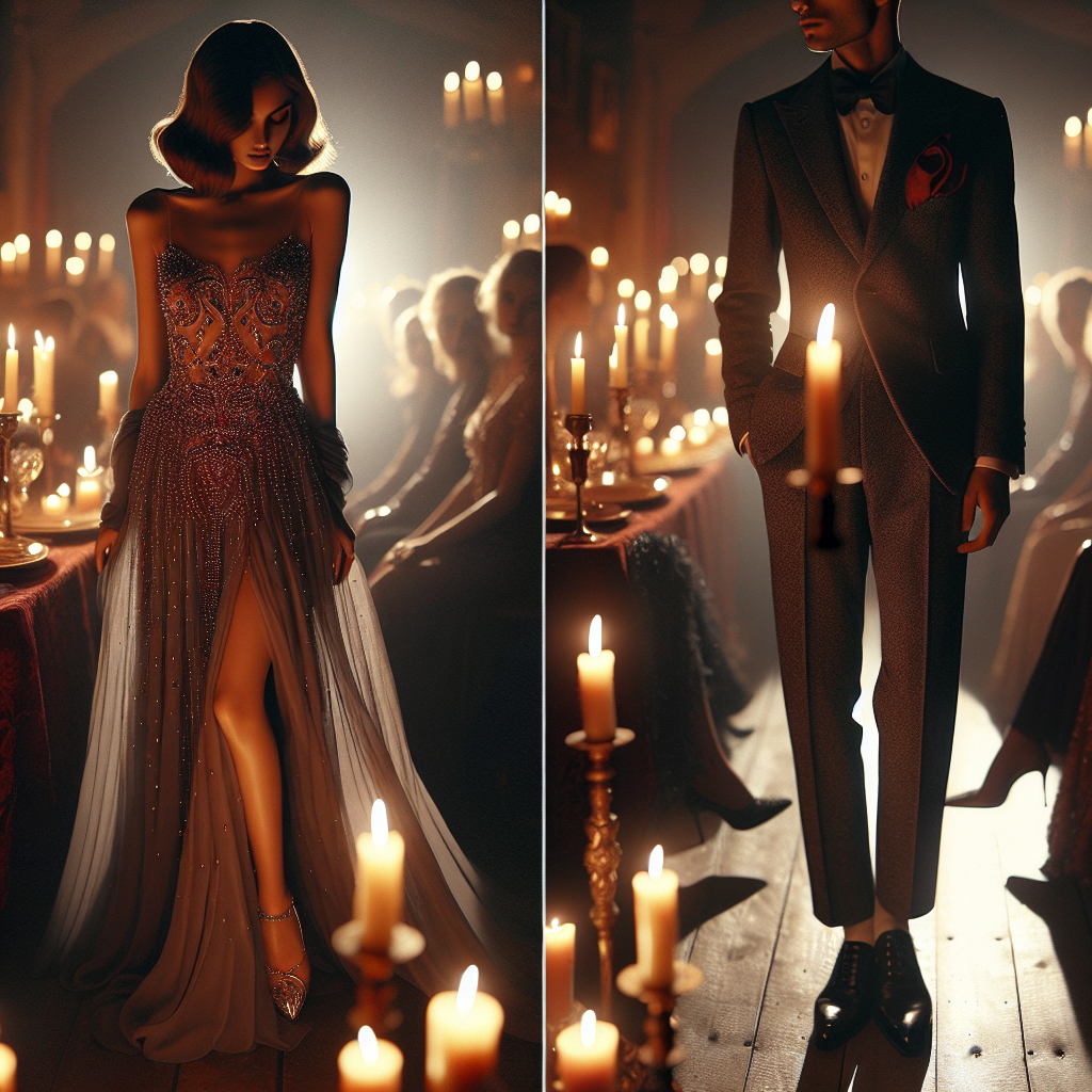 Stunning Outfits for Candlelight Concerts: Effortless Elegance Imagine a candlelit scene where two individuals are attending a concert. The first person, a South Asian woman, exudes effortless elegance in a flowing chiffon gown, embellished with intricate beadwork reflecting in the warm glow of the candlelight. The second person is a Caucasian man, dressed impeccably in a tailored charcoal grey suit, accented with a crimson pocket square and a pair of polished leather shoes. The setting should be intimate, atmospheric, and filled with soft light. There should be beautifully dressed attendees in the background, their silhouettes whispering of the elegant dress code of the event.