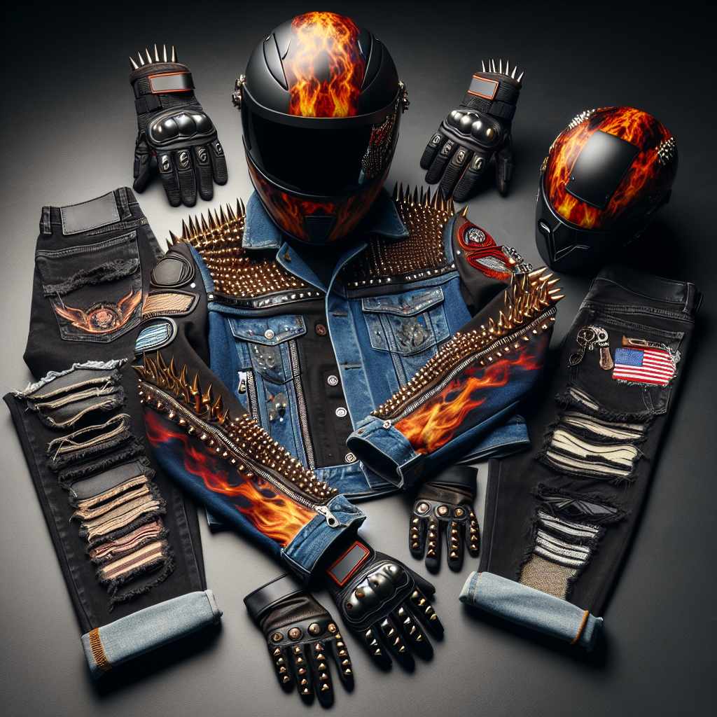 Stunning Outfits for Rage Room: Smash in Style! A fashionable ensemble suitable for a rage room experience. The outfit includes protective gear such as gloves and helmet that are creatively styled. The helmet features a thrilling, fiery design, while the gloves have spikes that give a hint of punk. The outfit is completed with trendy, ripped jeans and a custom leather jacket with an array of patches showcasing different symbols of rebellion. The entire outfit radiates both style and practicality, combining fashion with function.