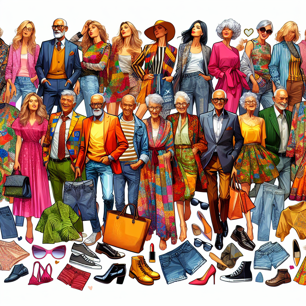 Fashion Shoot Essentials: Must-Have Styles for Every Age Imagine a colorful assortment of stylish clothing items strewn about playfully. Begin from the right side portraying clothing perfect for a youthful crowd: vibrant and trendy clothes with patterns and radical designs. Progress towards the middle with fashion for young adults: stylish business casual attire and party wear. In the center, reveal high fashion pieces that flaunt sophistication and grace for the middle-aged crowd. To the left, illustrate classic and comfortable styles, recommended for the elderly. Each section is clearly demarcated by age but is harmoniously united in its demonstration of elegance and style.