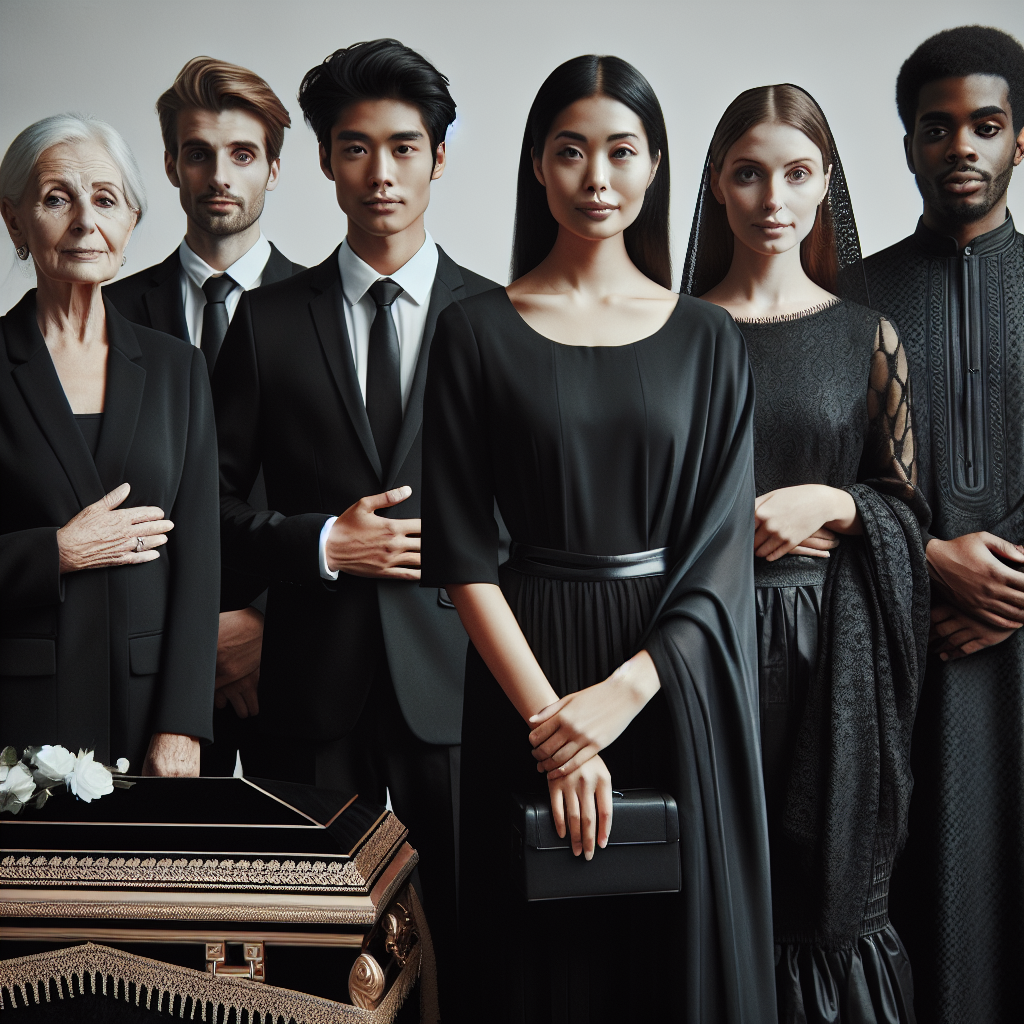 Fashion Tips: What to Wear to a Wake? Essential Guide On the topic of appropriate funeral attire, picture a well-dressed group of people paying their respects. There's an East Asian man in a black suit and tasteful tie, a Caucasian woman in a conservative black dress, and a South Asian woman in a tradition-inspired black sari. There's also a Middle Eastern man in a fine black cloak, a Hispanic woman in a modest black skirt and blouse ensemble, and a Black woman in a respectful black African attire. Their garments send a message of respect and solemnity, honoring the customs of a wake.